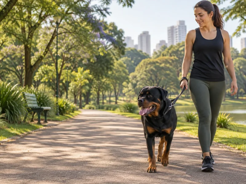 Rottweiler adulto caminhando com tutor em parque urbano usando guia segura.