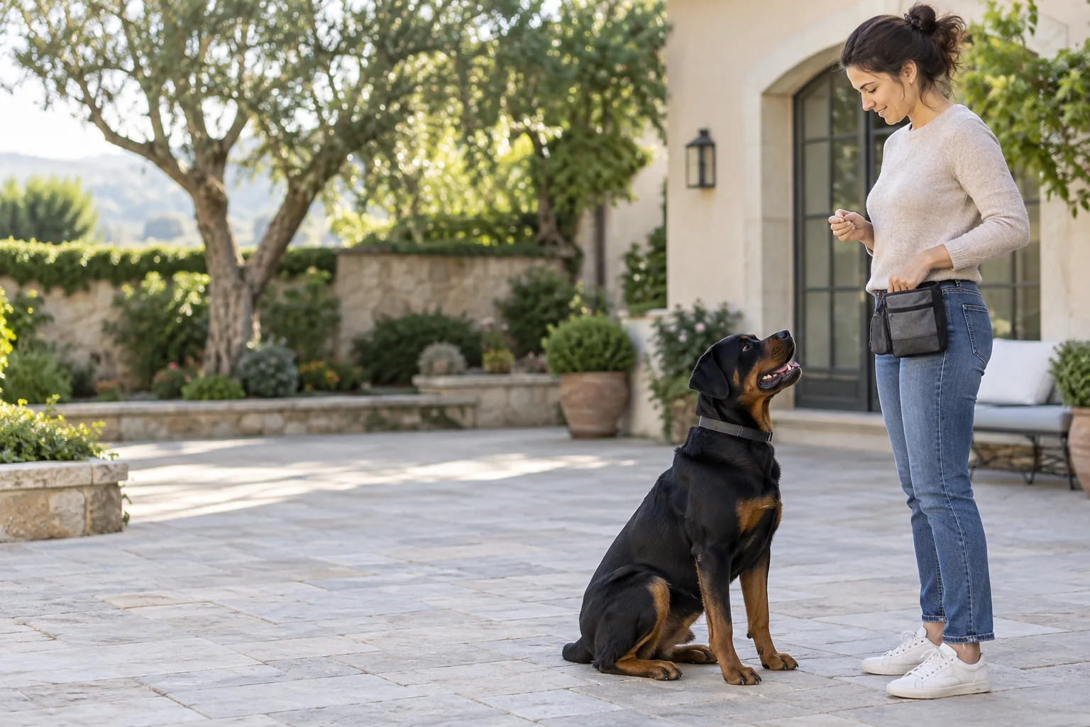 Rottweiler adulto participando de treino positivo com tutor em ambiente externo seguro.