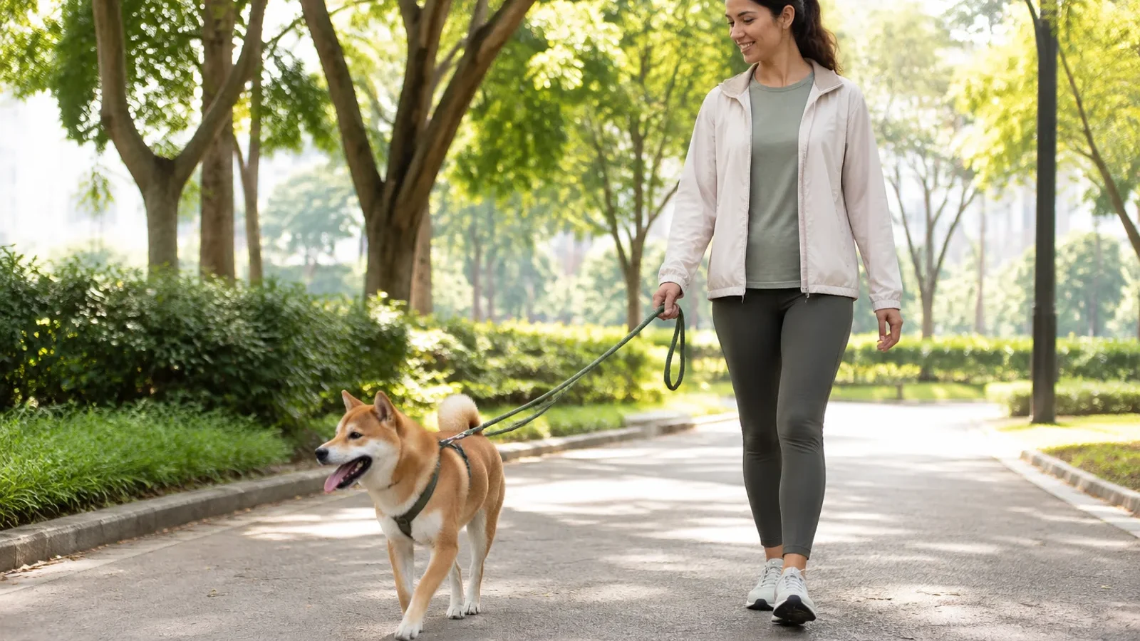 Cão Shiba Inu em caminhada tranquila com tutor usando guia segura.