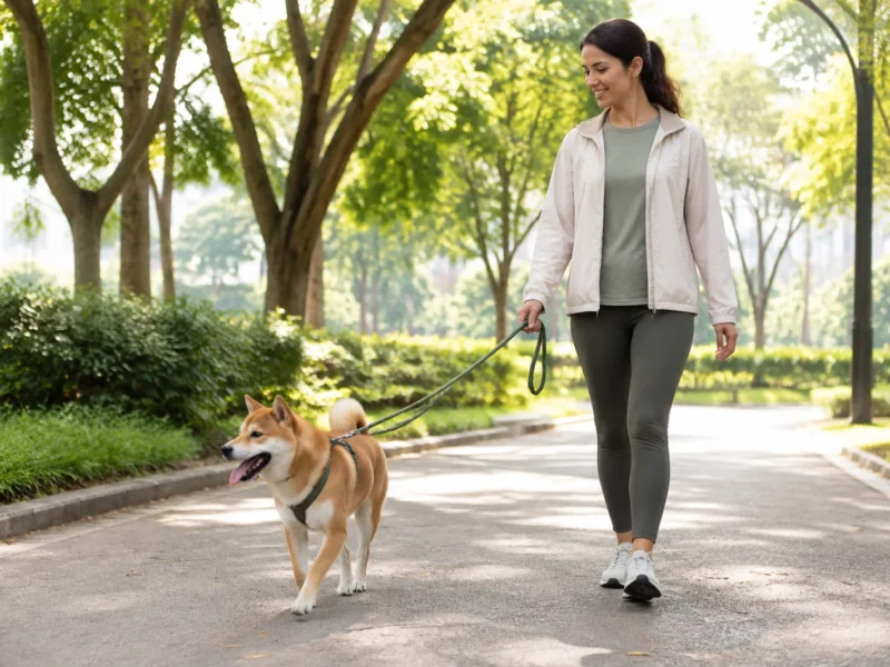 Cão Shiba Inu em caminhada tranquila com tutor usando guia segura.