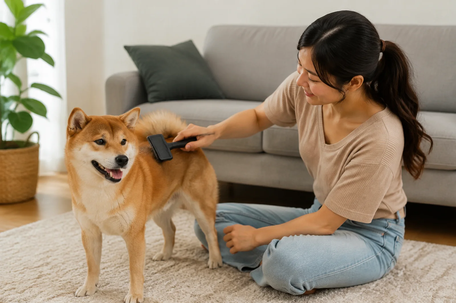 Tutor escovando um Shiba Inu em ambiente calmo e seguro.