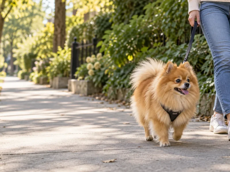 Spitz Alemão adulto em passeio tranquilo com guia em parque urbano.