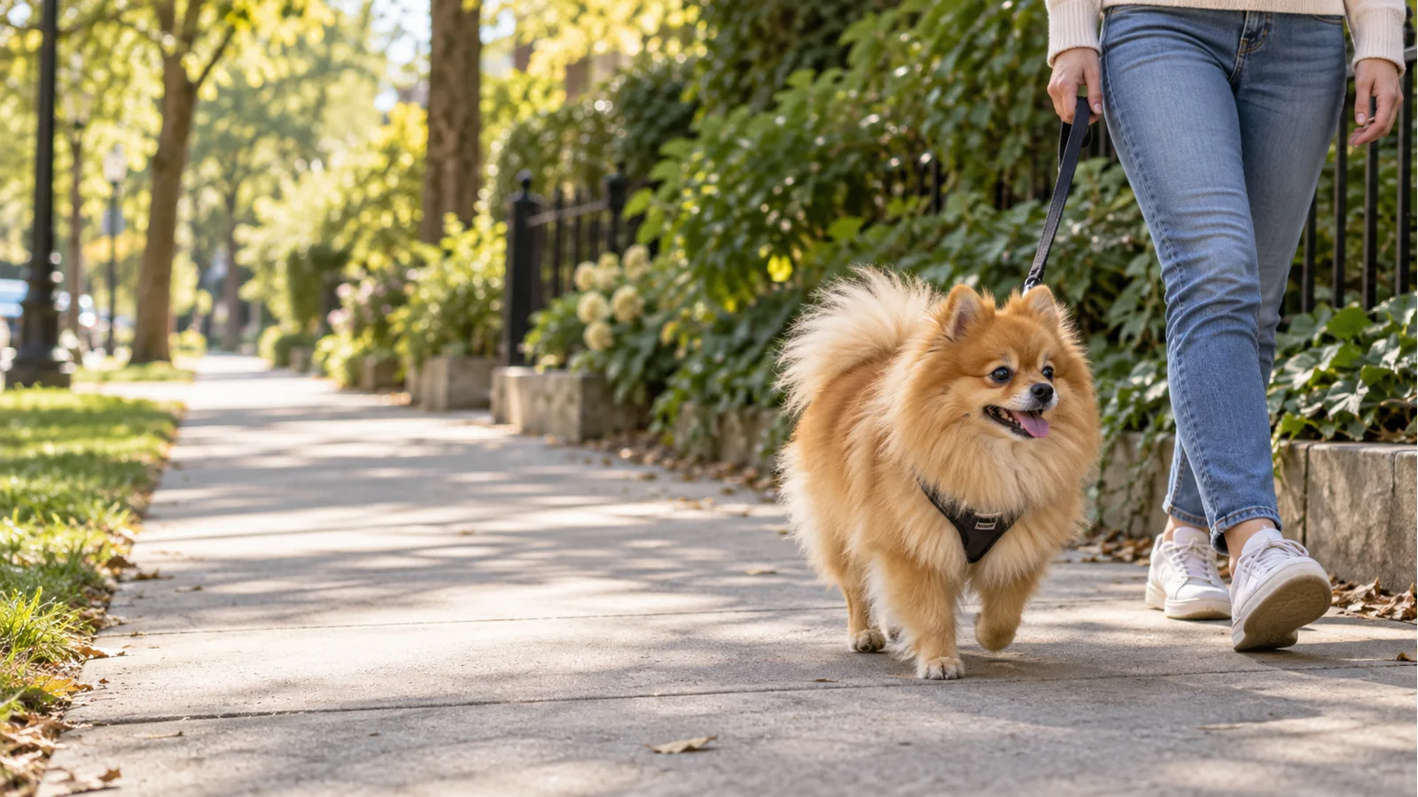 Spitz Alemão adulto em passeio tranquilo com guia em parque urbano.