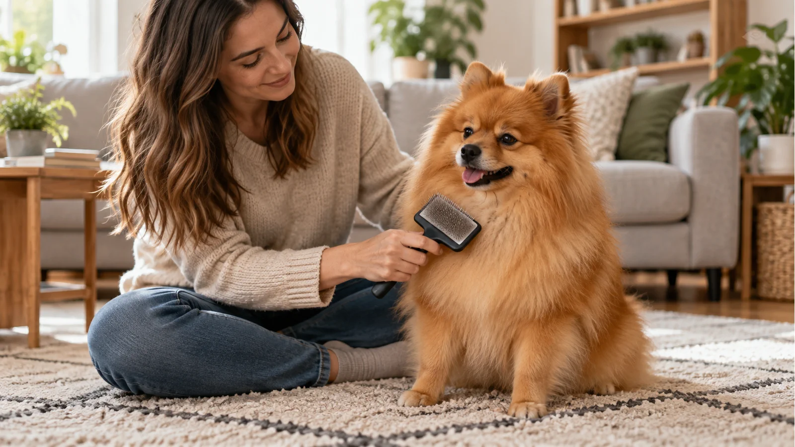 Tutora escovando suavemente um Spitz Alemão em ambiente doméstico organizado.