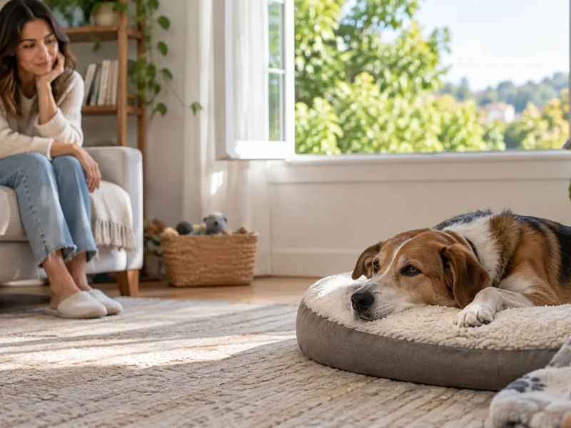 Cão adulto em repouso com tutora observando atentamente em ambiente doméstico.