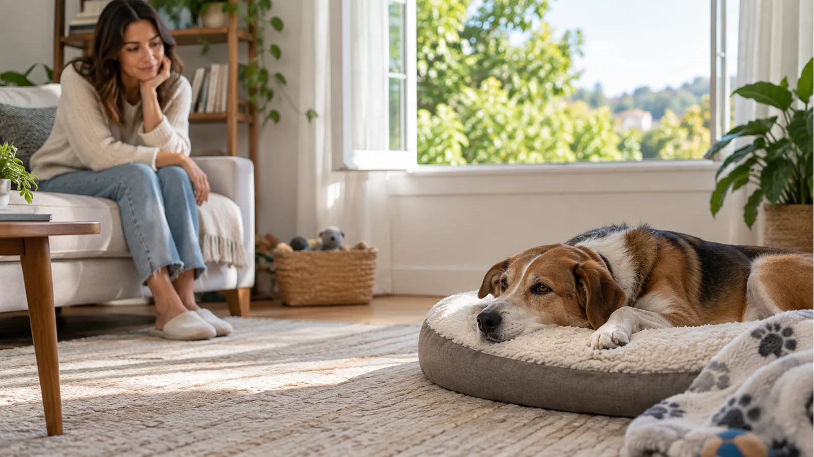 Cão adulto em repouso com tutora observando atentamente em ambiente doméstico.