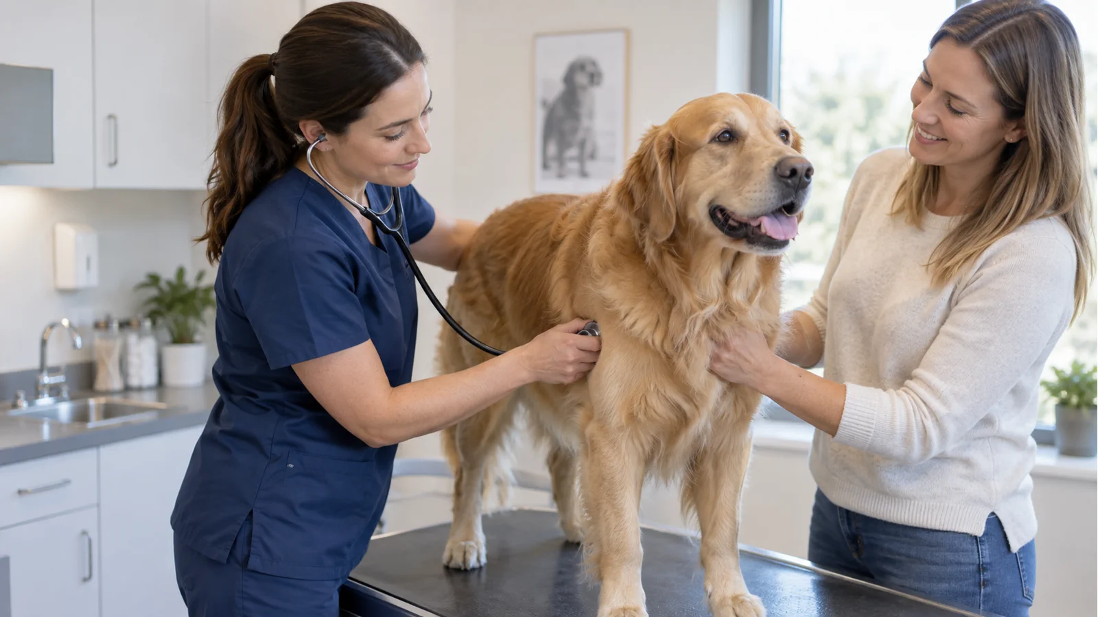 Médica-veterinária avaliando com estetoscópio um cão acompanhado pela tutora.