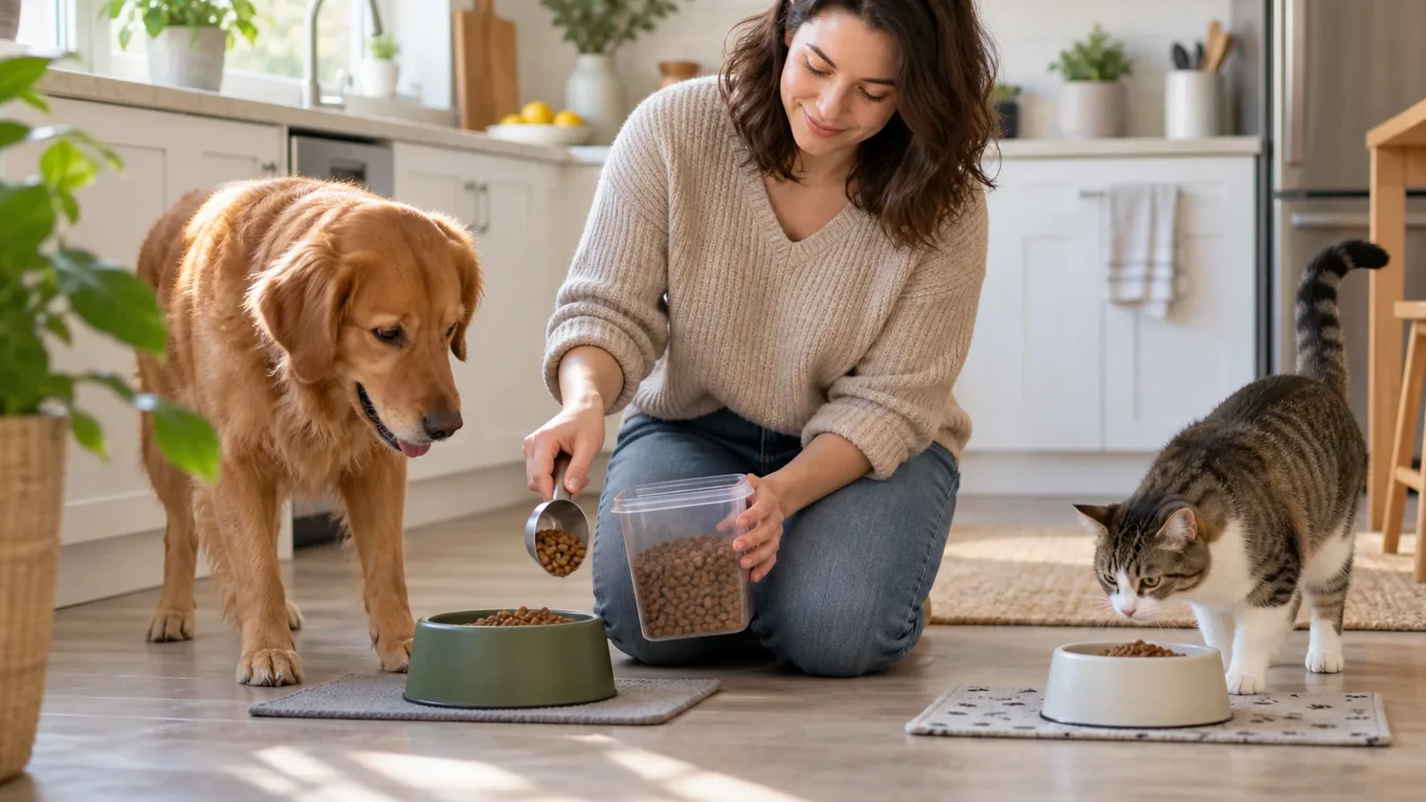 Tutora organizando a alimentação de um cão e um gato em casa.