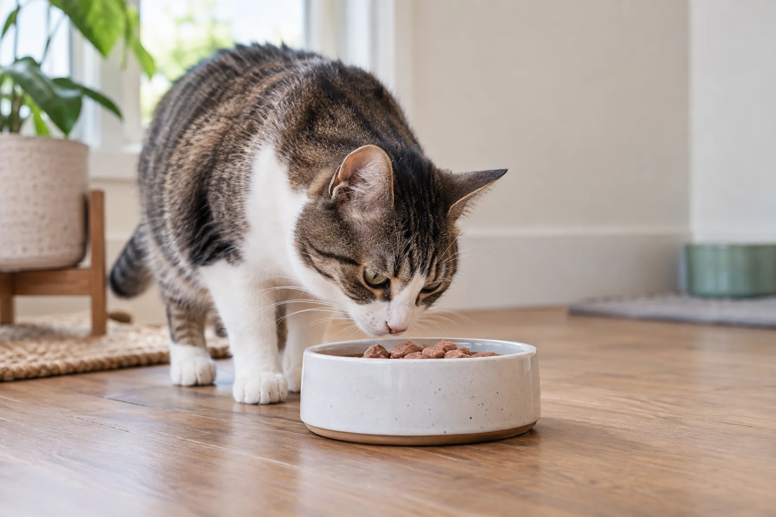 Gato conhecendo uma nova alimentação em pote limpo e ambiente tranquilo.