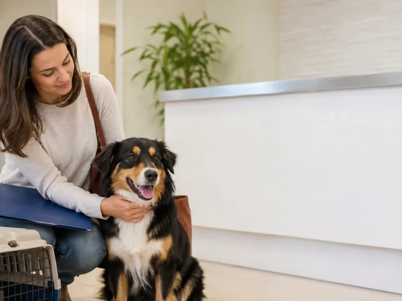 Médica-veterinária realizando ultrassom abdominal em cão acompanhado pela tutora.