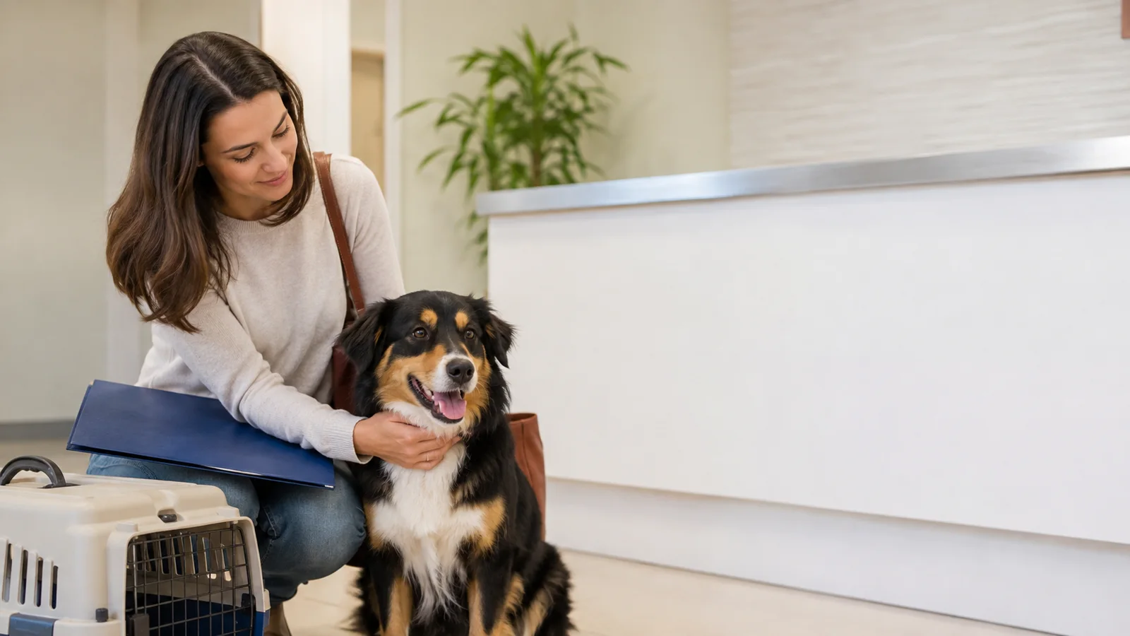 Médica-veterinária realizando ultrassom abdominal em cão acompanhado pela tutora.