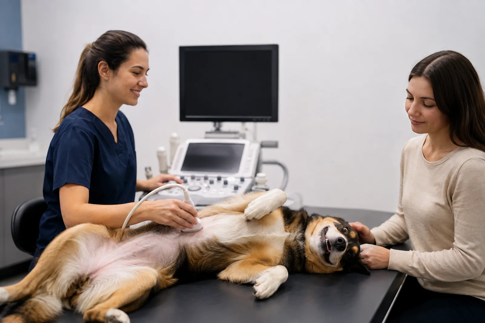 Profissional veterinária preparando cão com calma para exame de ultrassom.