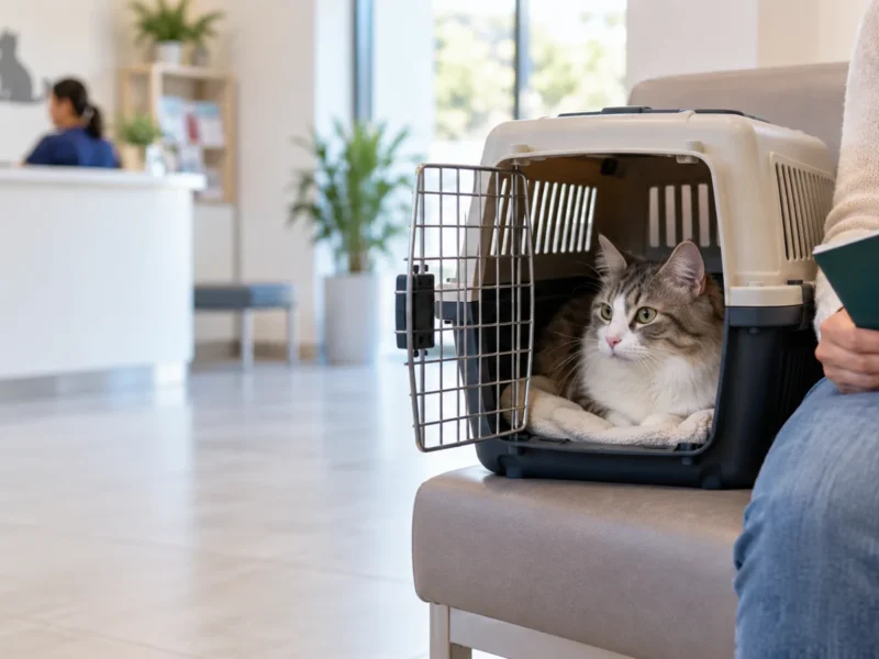 Gato adulto em caixa de transporte segura durante preparação para consulta preventiva.