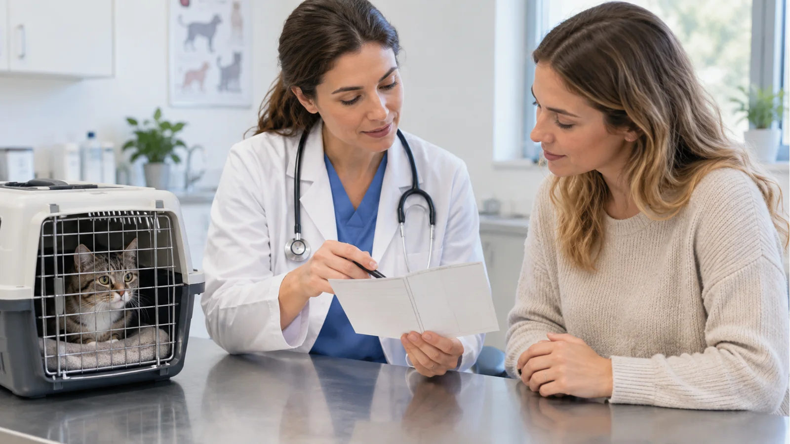 Médica-veterinária conversando com tutora ao lado de gato adulto em consulta preventiva.