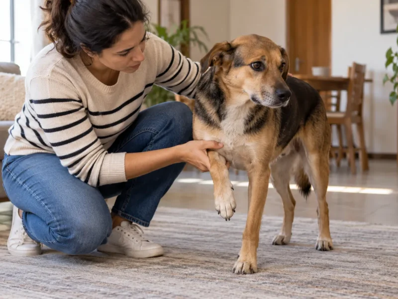 Tutora observando cão com dificuldade para apoiar uma pata em casa.