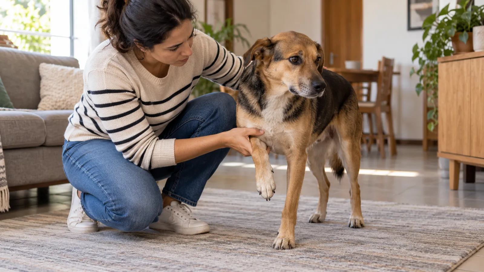 Tutora observando cão com dificuldade para apoiar uma pata em casa.
