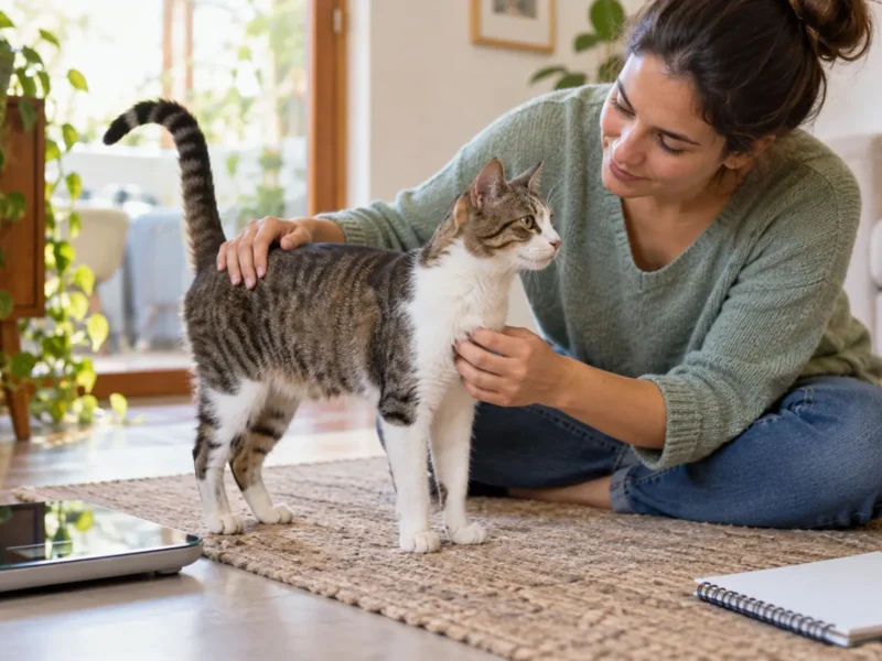 Tutora observando gato adulto durante acompanhamento de peso em casa