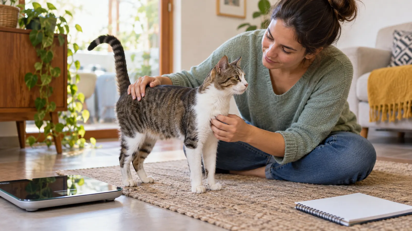 Tutora observando gato adulto durante acompanhamento de peso em casa
