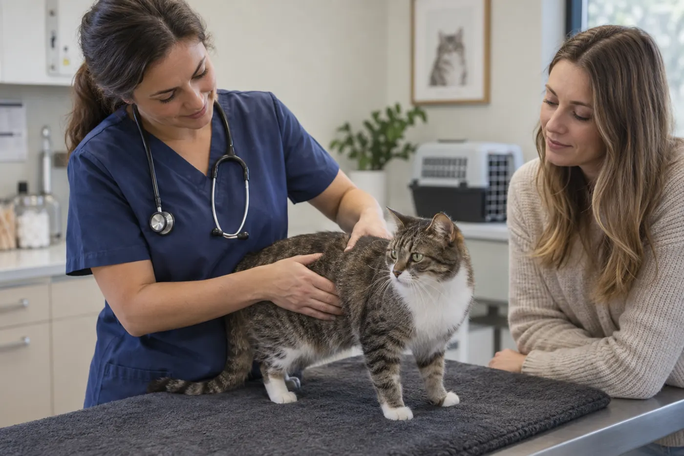 Veterinária avaliando condição corporal de gato durante consulta