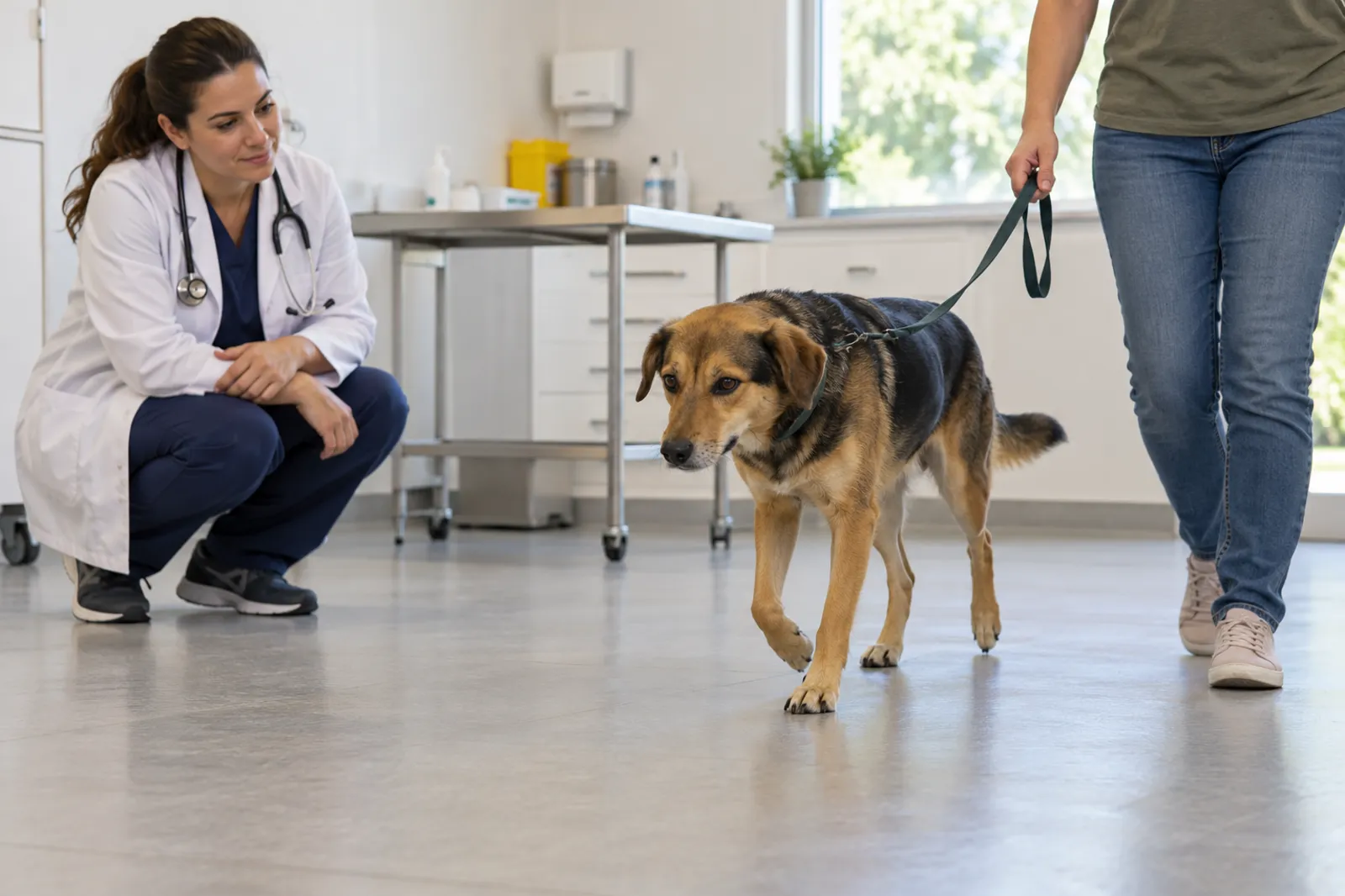 Veterinária avaliando a marcha de um cão durante consulta.