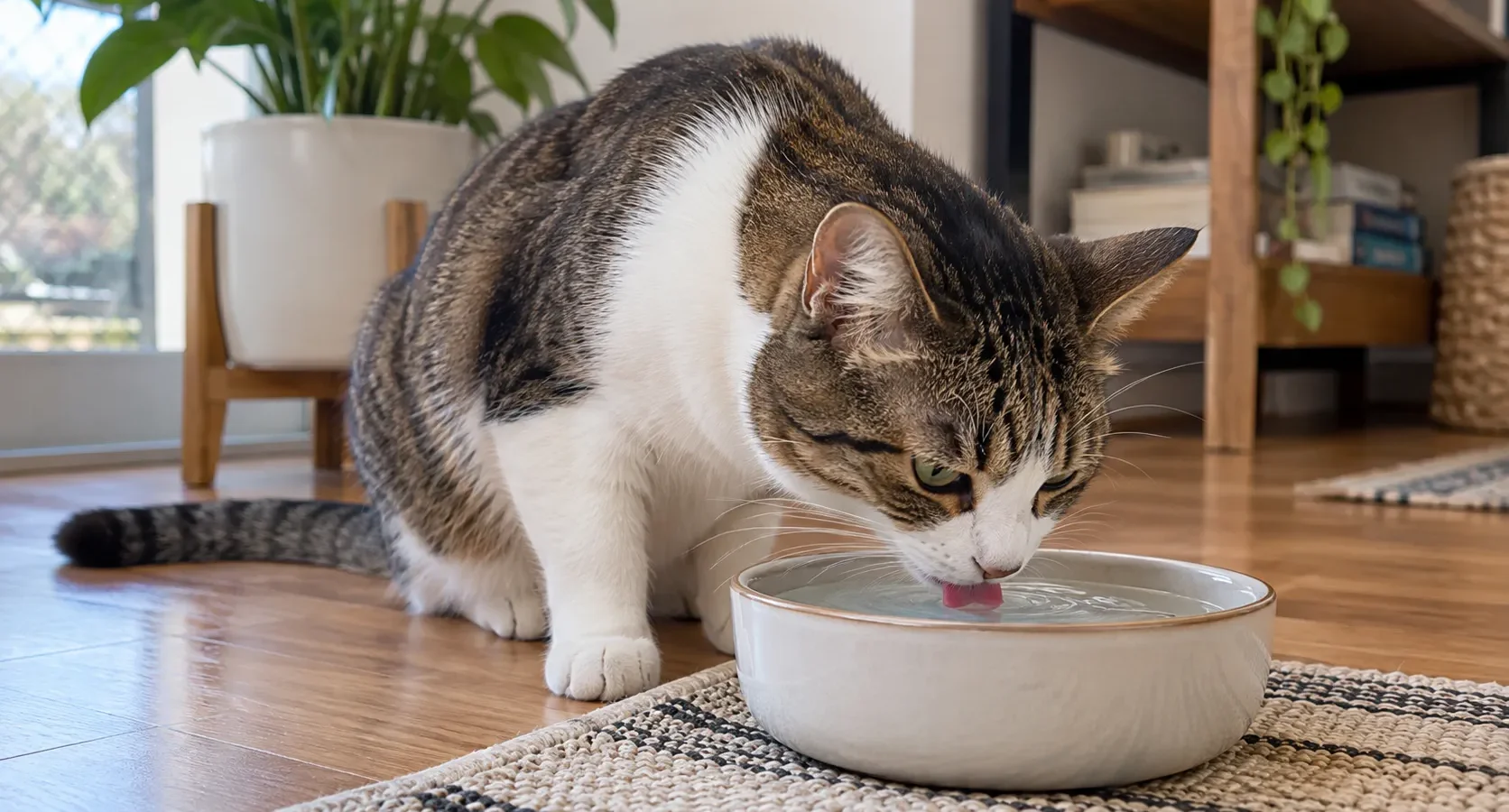 Gato adulto bebendo água em ambiente doméstico tranquilo.