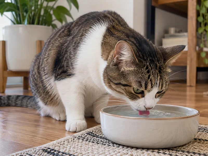 Gato adulto bebendo água em ambiente doméstico tranquilo.
