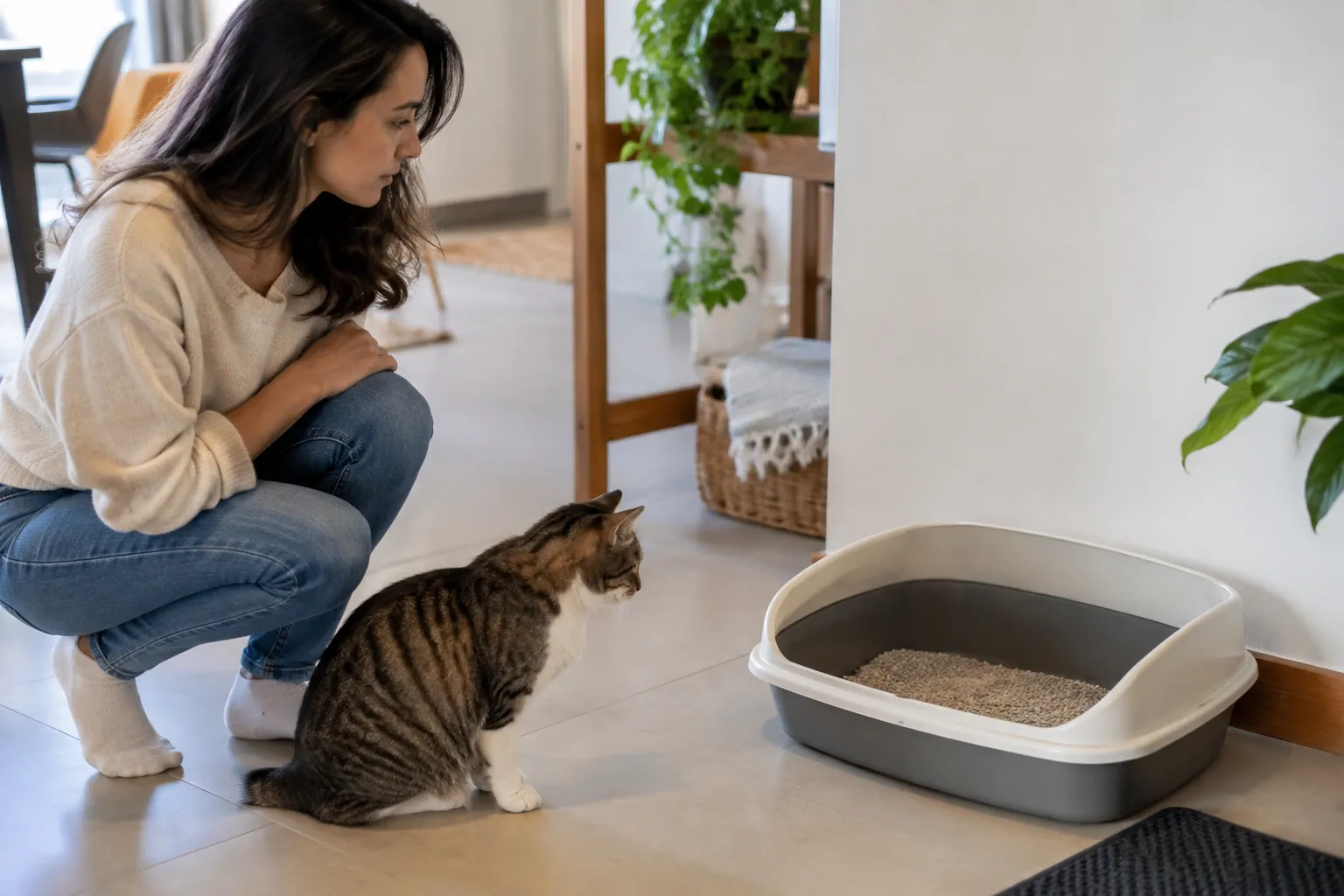 Tutora observando a caixa de areia do gato para descrever mudanças de urina.