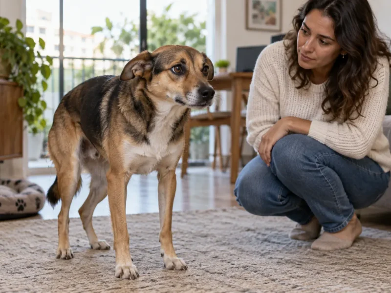Tutora observando cachorro com tremor em ambiente doméstico.