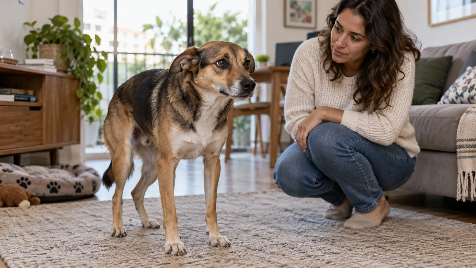 Tutora observando cachorro com tremor em ambiente doméstico.