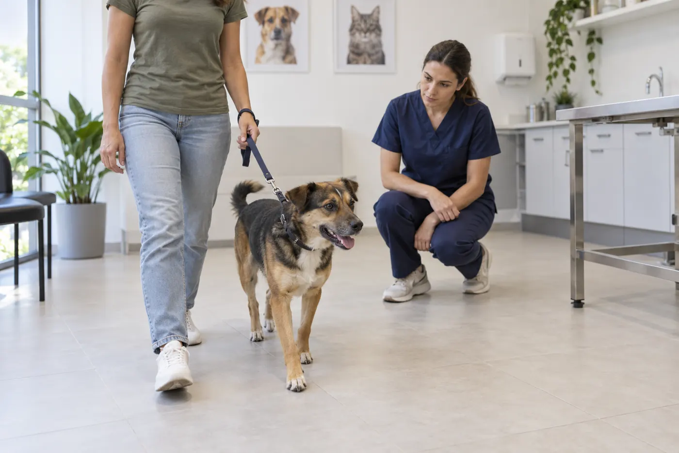 Veterinária observando a caminhada de um cachorro durante consulta.