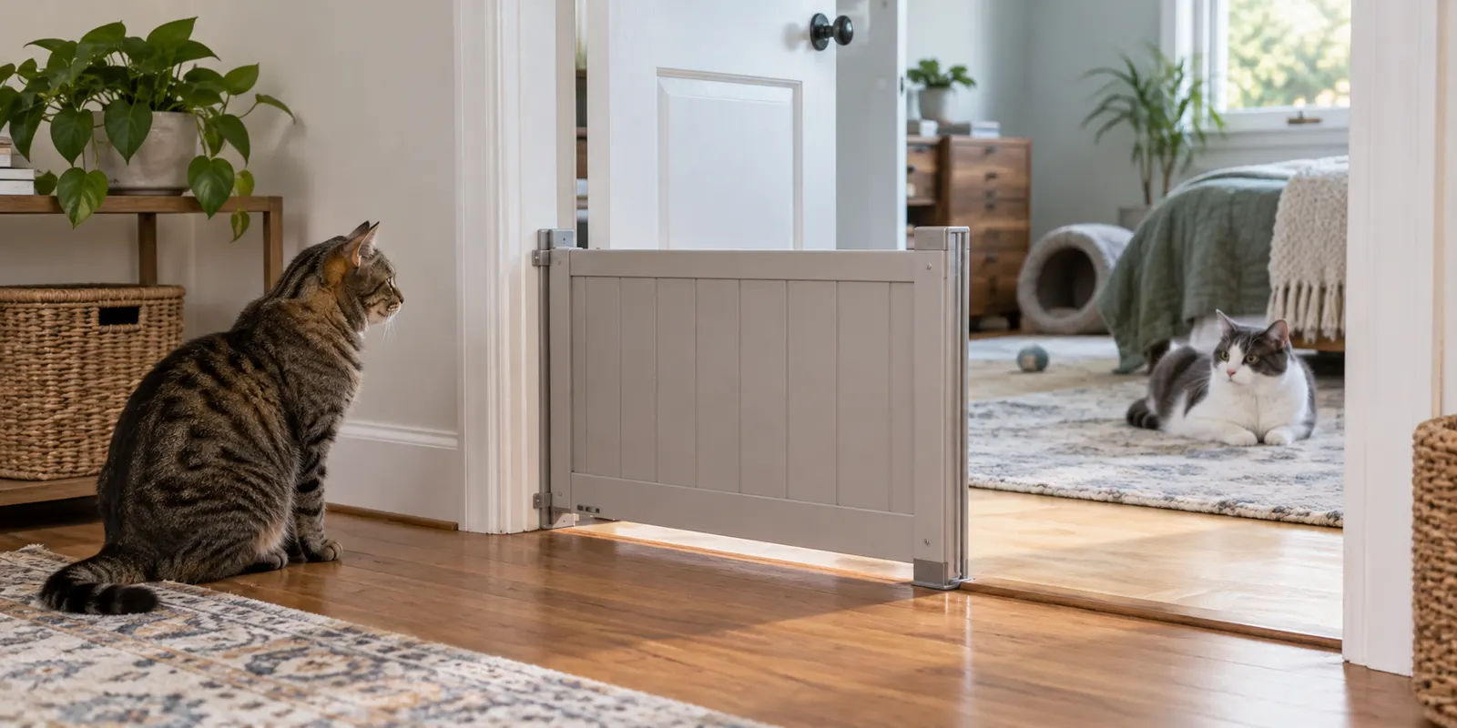 Gatos em espaços separados durante adaptação gradual em casa