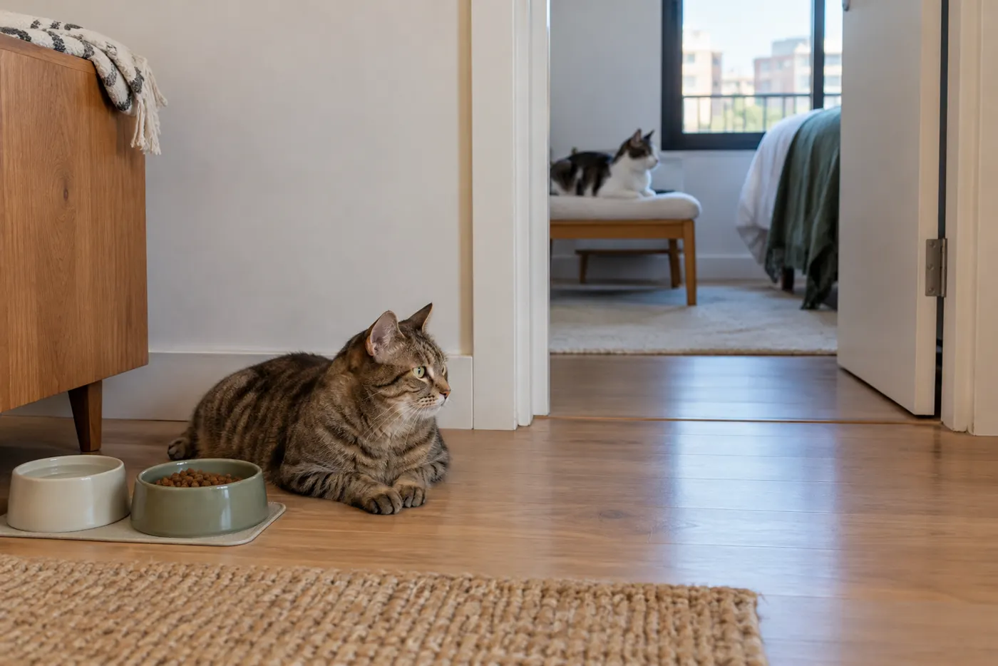 Recursos separados para dois gatos em ambiente organizado