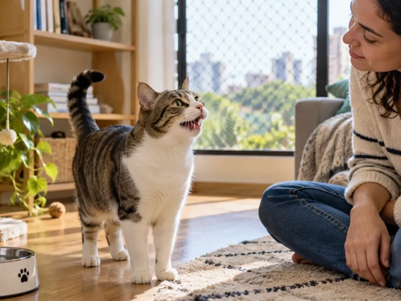 Gato miando perto do tutor em ambiente doméstico tranquilo.
