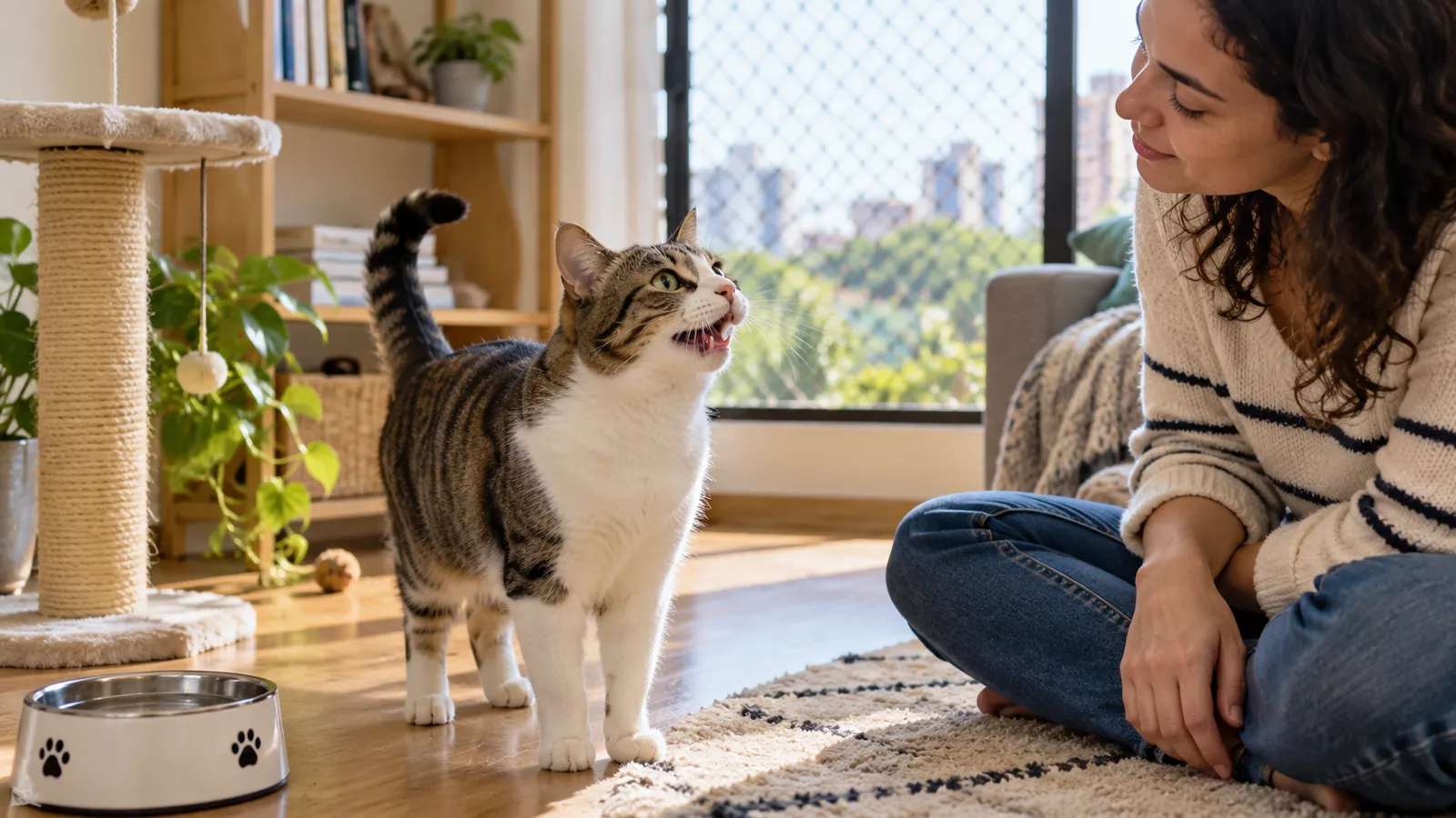 Gato miando perto do tutor em ambiente doméstico tranquilo.