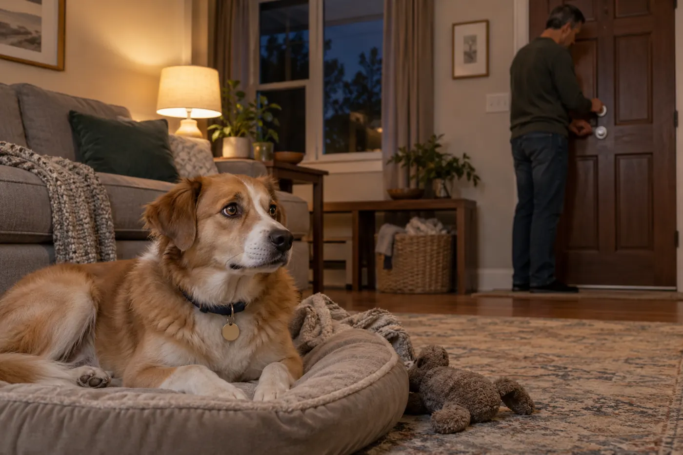 Cachorro identificado dentro de casa enquanto tutor confere porta fechada.