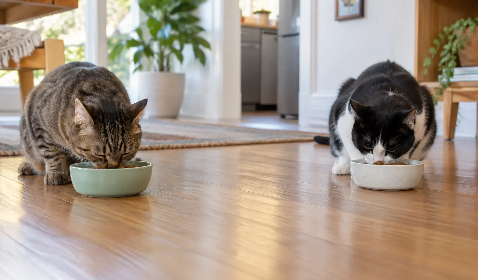 Dois gatos com recipientes de alimento separados em sala tranquila.