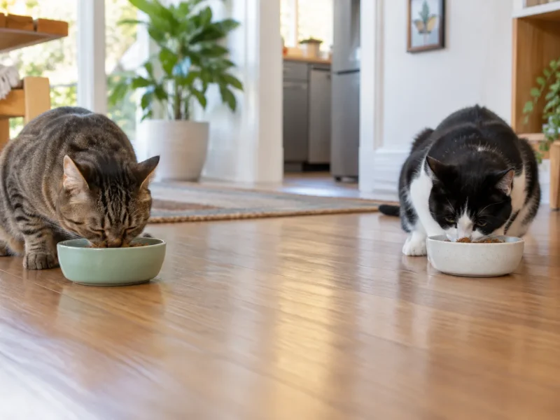 Dois gatos com recipientes de alimento separados em sala tranquila.