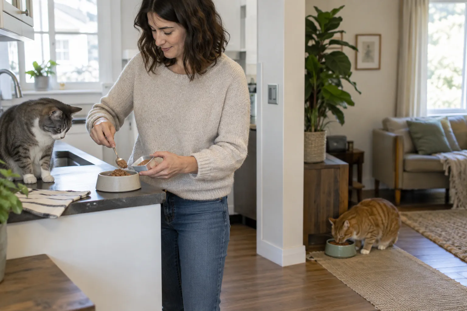 Tutora organizando refeições individuais para gatos da mesma casa.