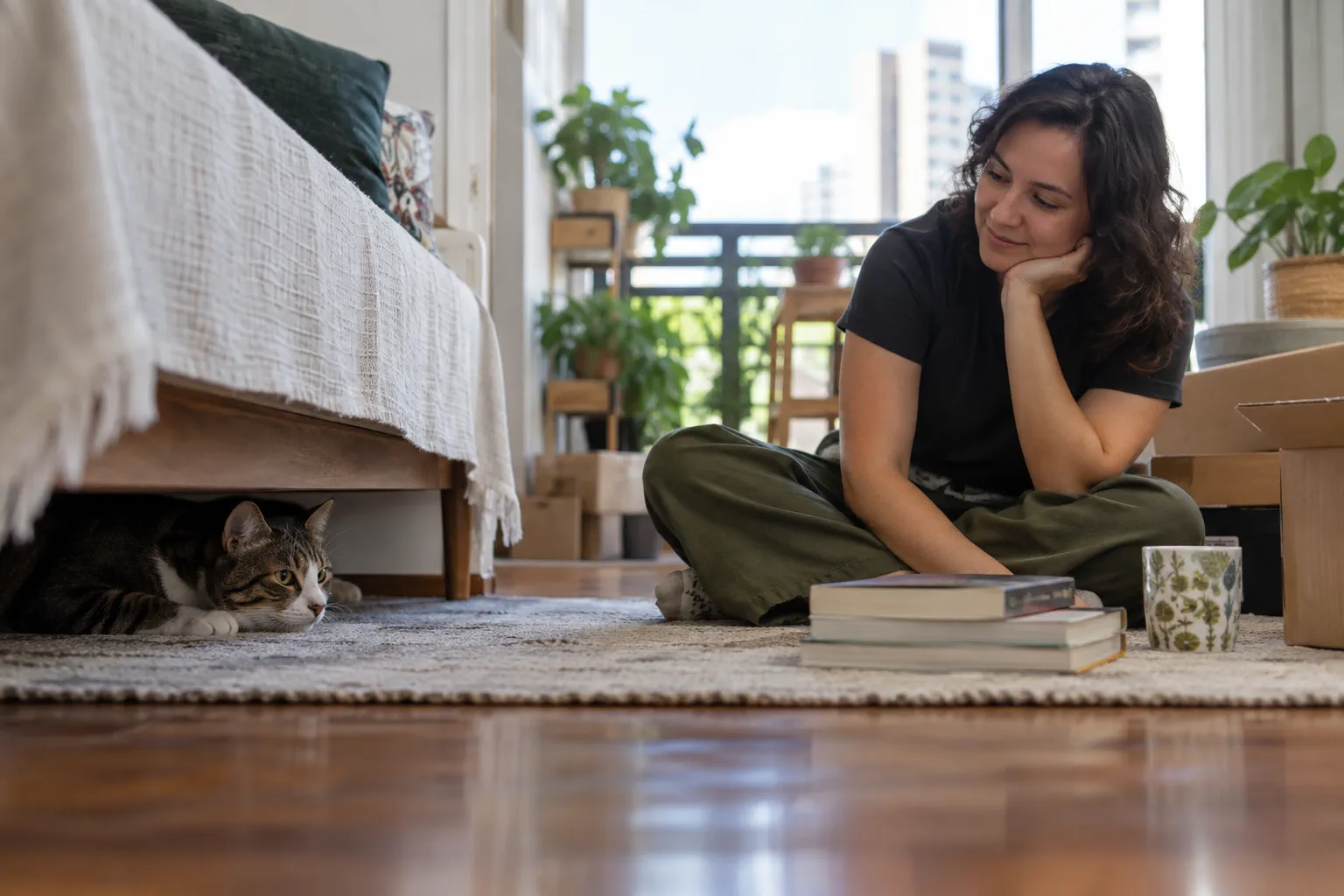 Gato em espaço de descanso seguro durante mudança na rotina doméstica.