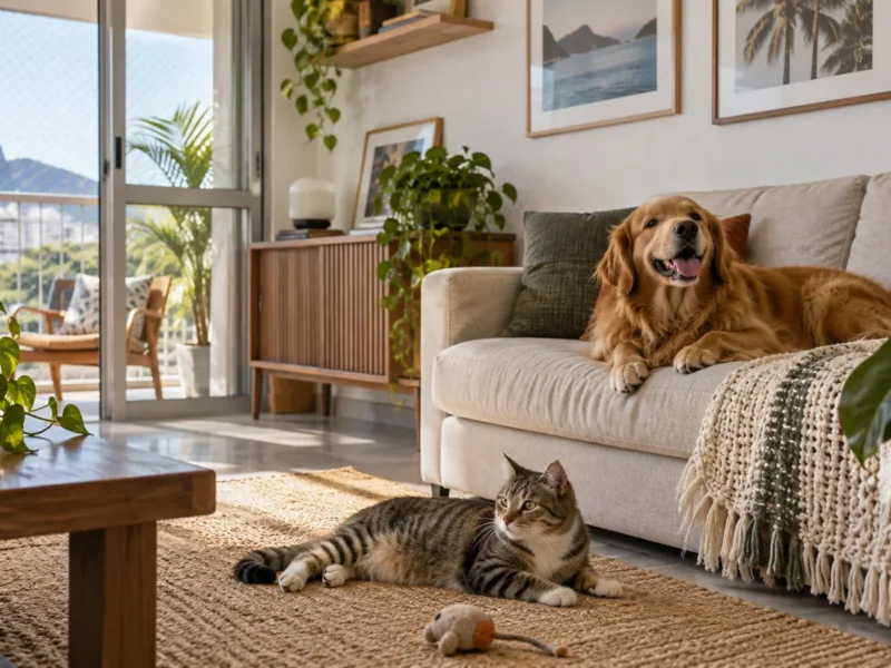 Câmera doméstica observando a rotina de cachorro e gato em casa.