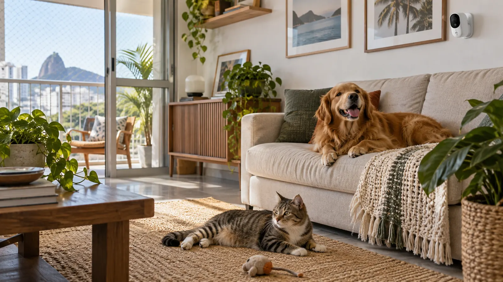 Câmera doméstica observando a rotina de cachorro e gato em casa.