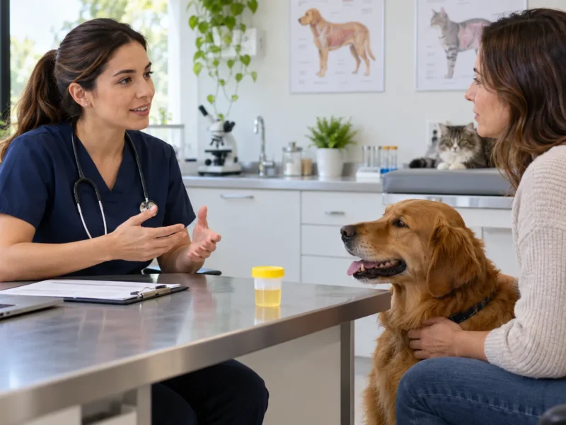 Veterinária orientando tutora sobre exame de urina de um cão.