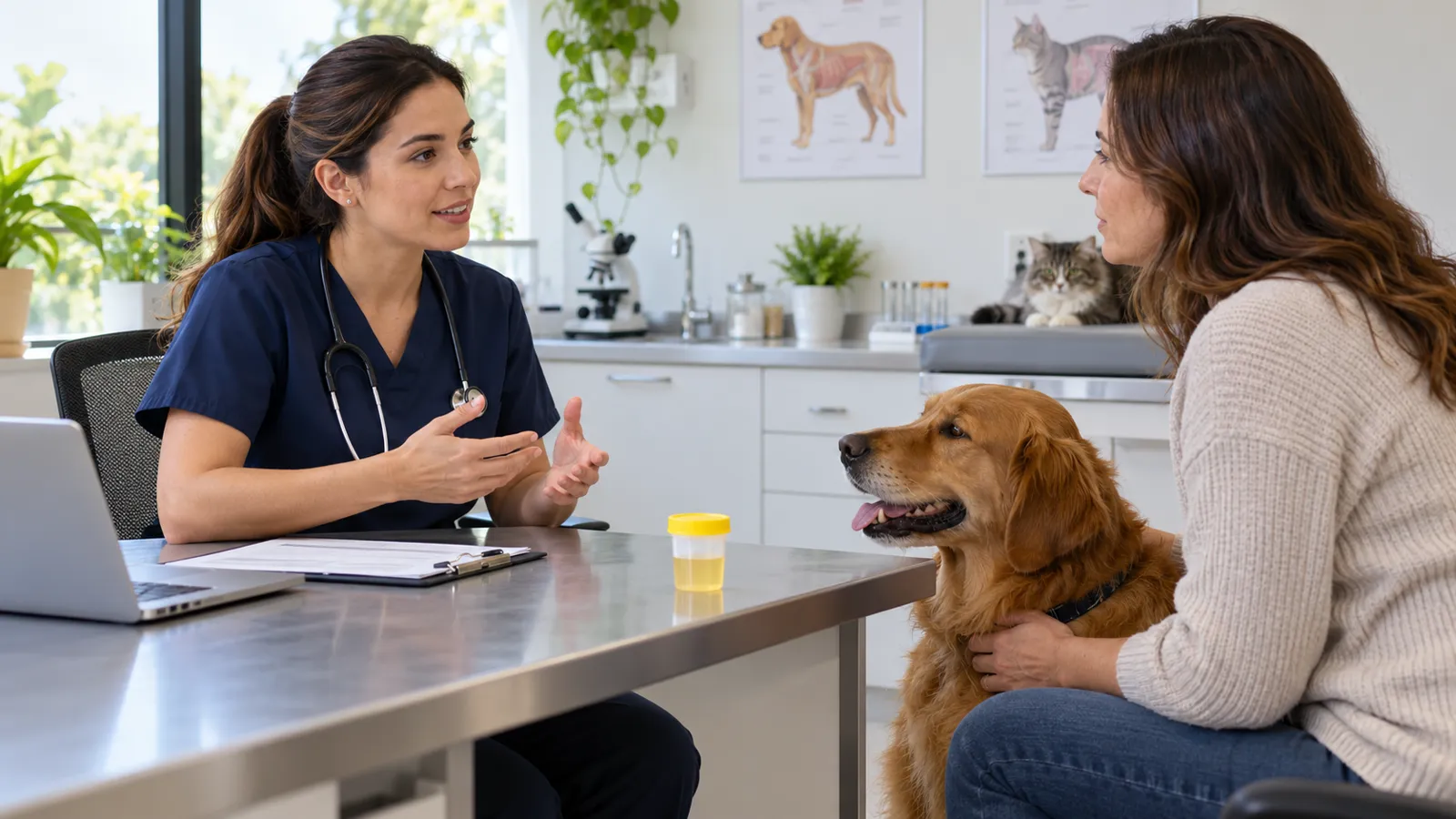 Veterinária orientando tutora sobre exame de urina de um cão.