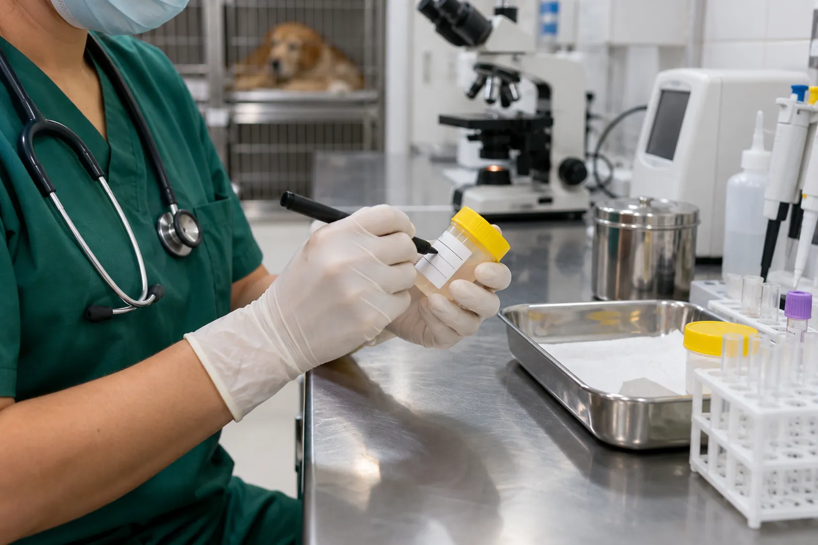 Profissional identificando frasco de amostra de urina para análise veterinária.