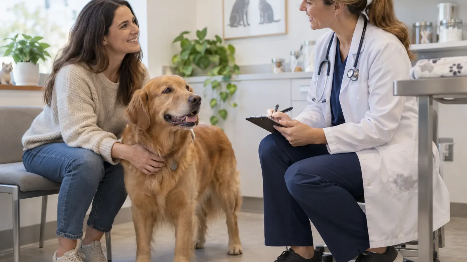 Tutora acompanhando cão em consulta de retorno veterinário