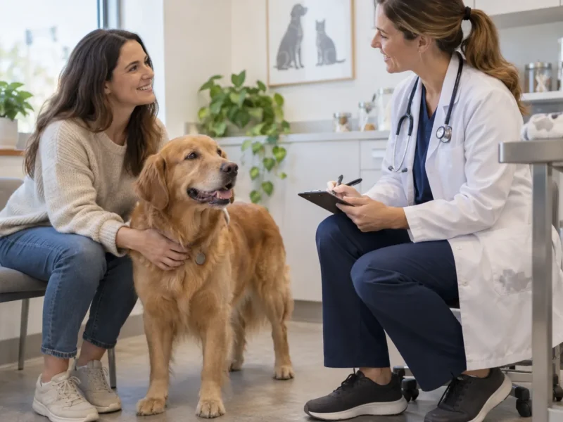 Tutora acompanhando cão em consulta de retorno veterinário