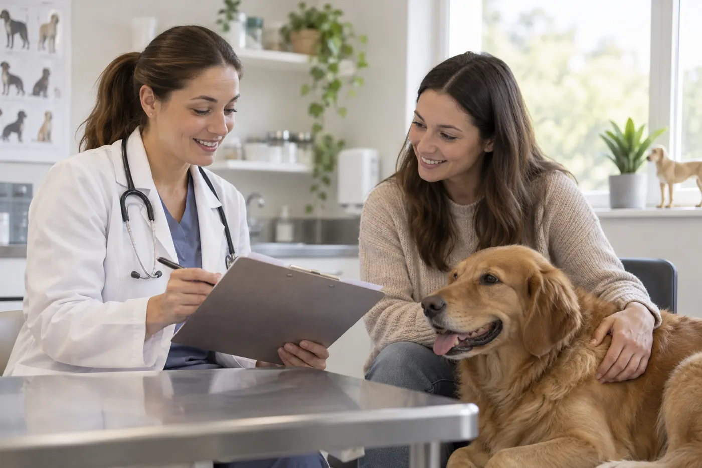 Veterinária revisando evolução clínica de cão com o tutor