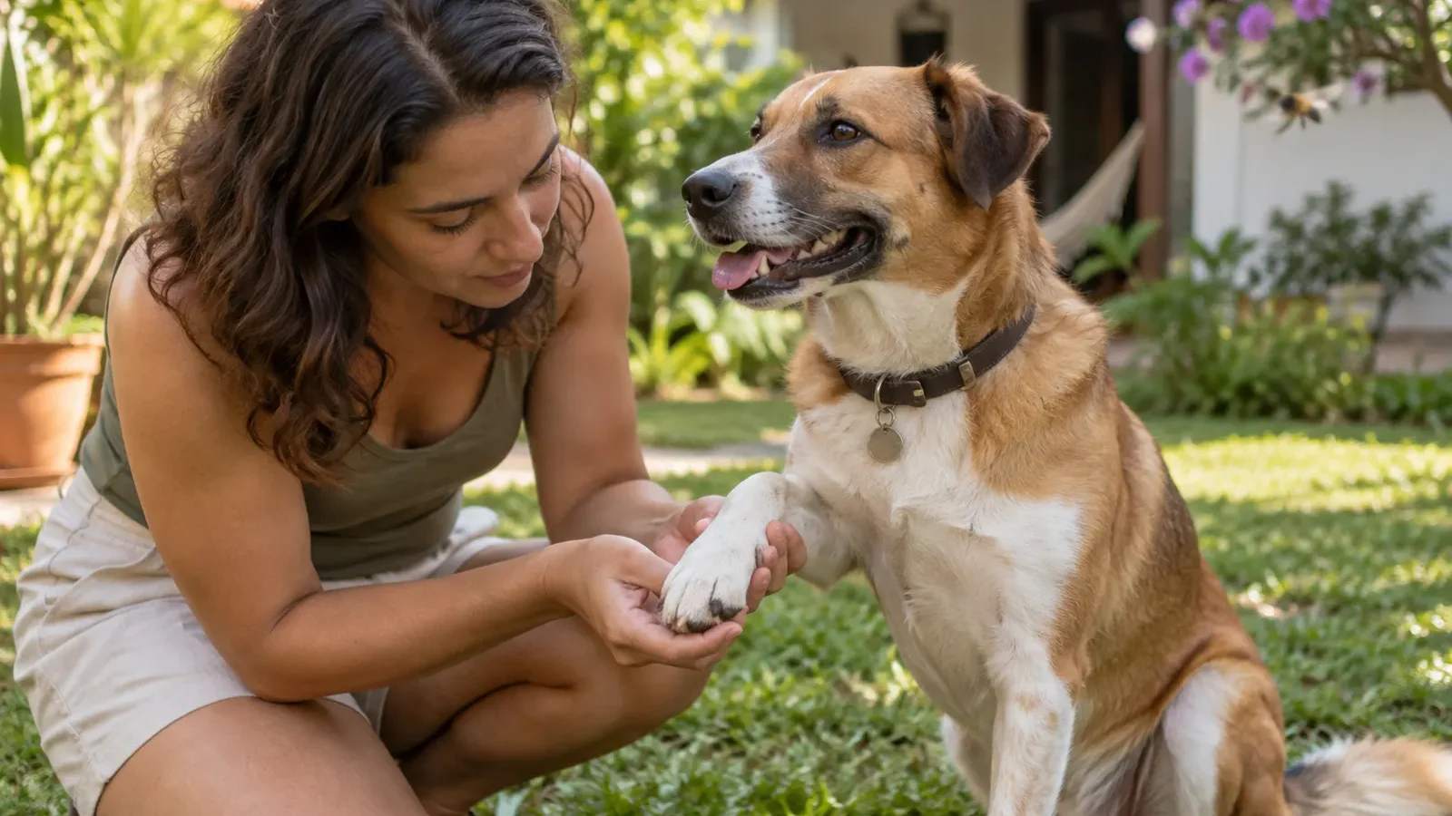 Tutor observando pata de cachorro após suspeita de picada de inseto