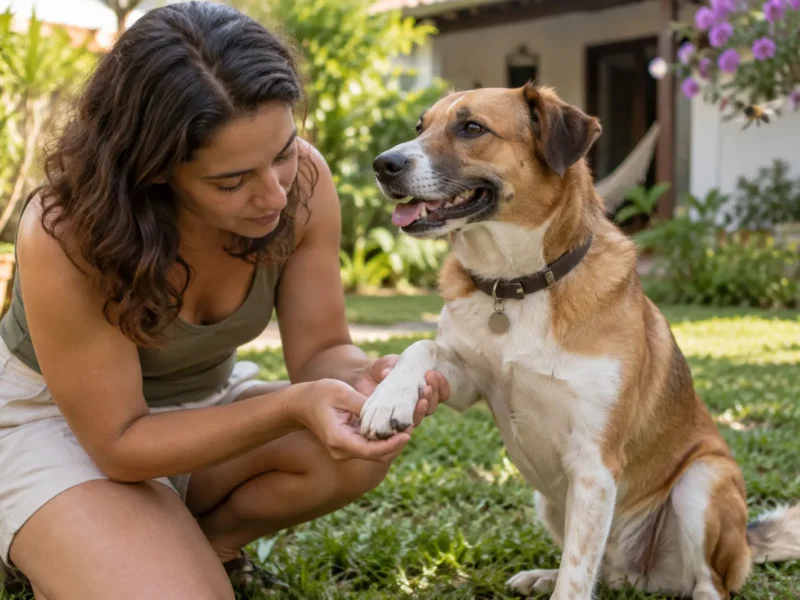 Tutor observando pata de cachorro após suspeita de picada de inseto