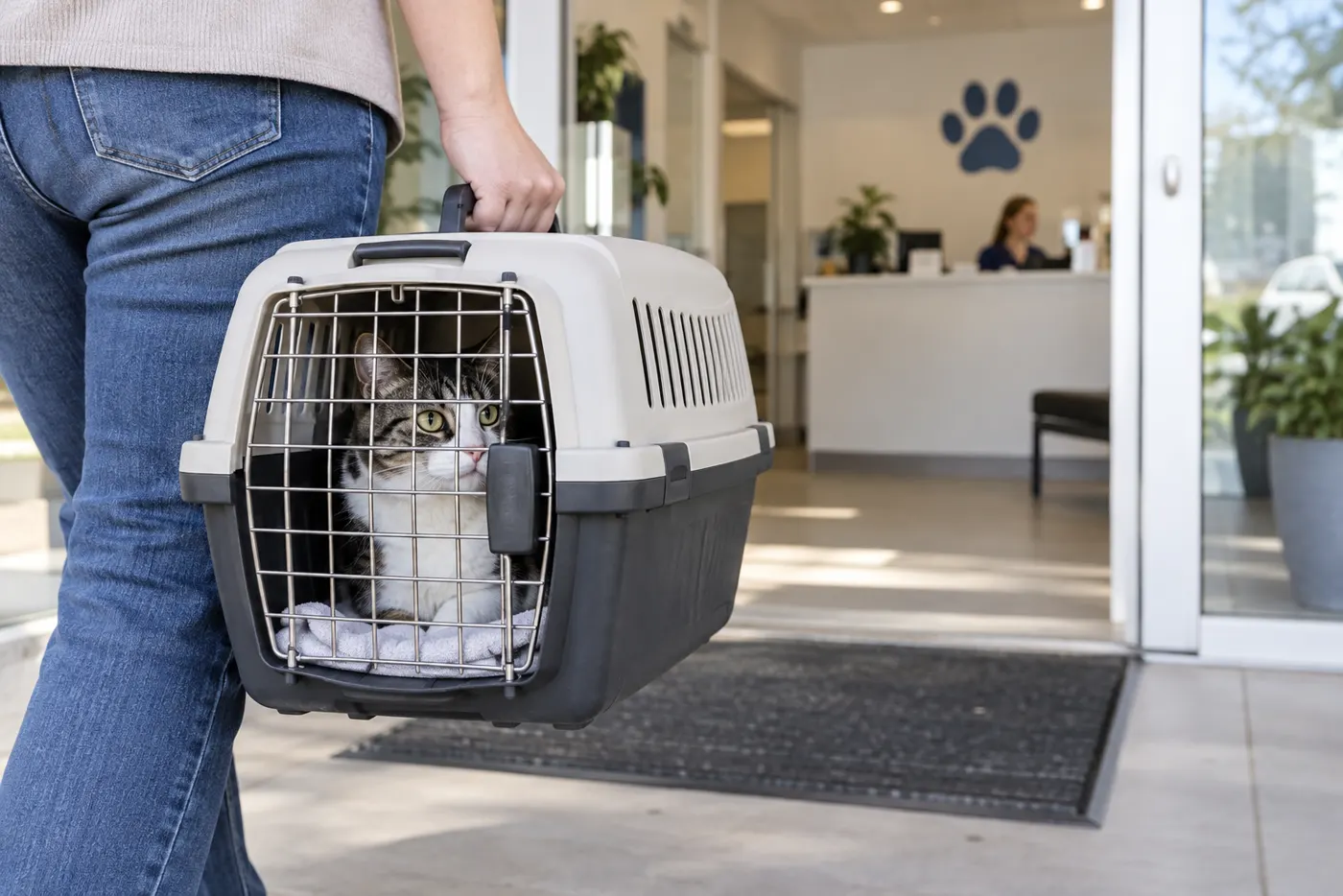 Gato em transporte seguro para avaliação após suspeita de picada
